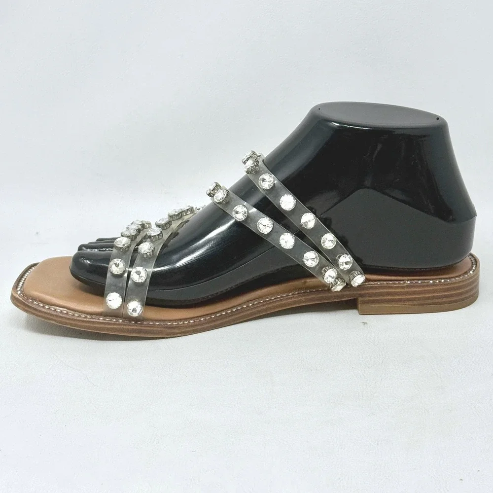 Steve Madden Skyler Clear Rhinestone Strappy Flat Sandal Tan 8M Glam Going Out